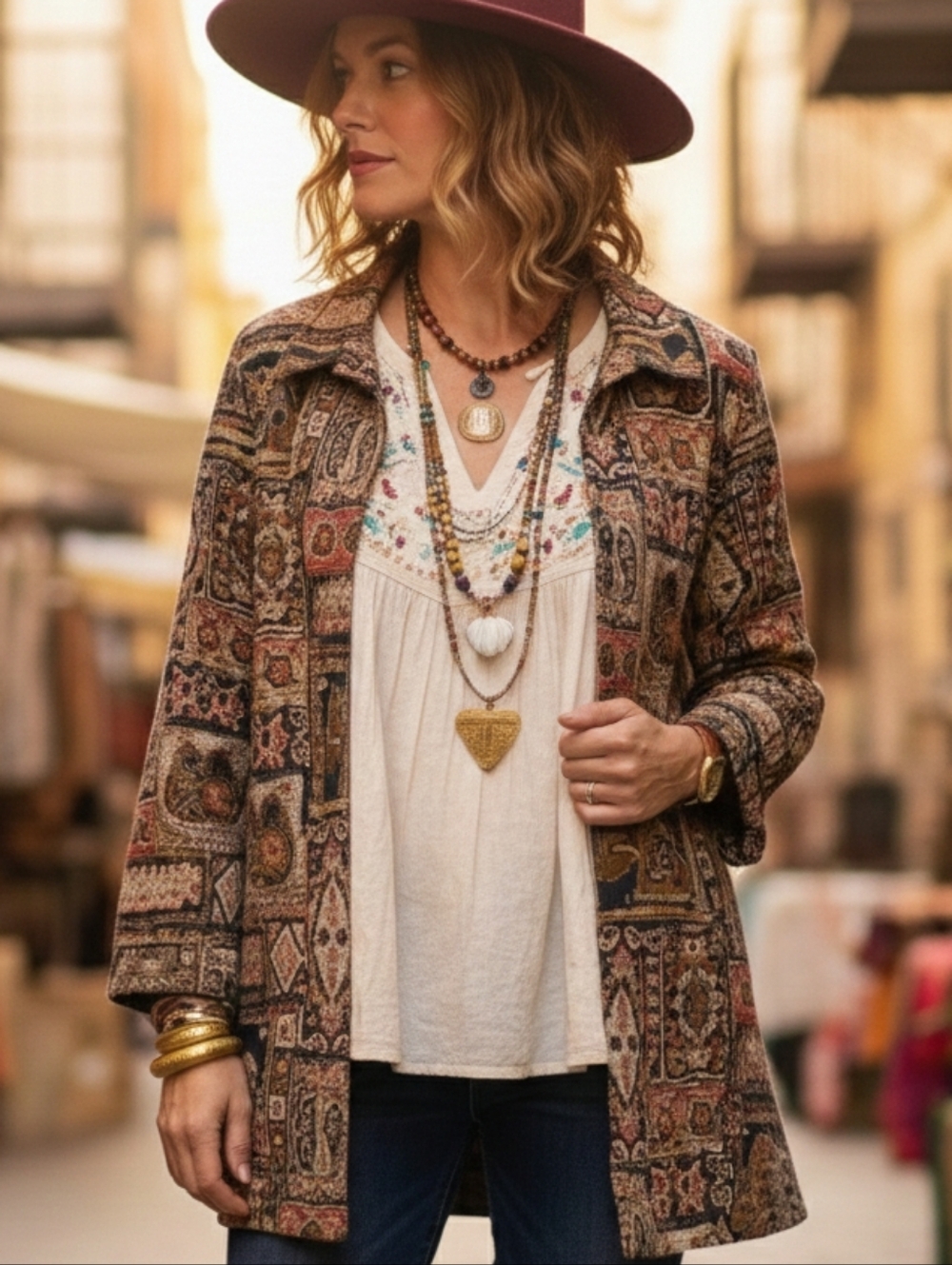 Vintage L Indian Motif Safari Paisley Bohemian Artsy Tapestry Beaded Long Blazer